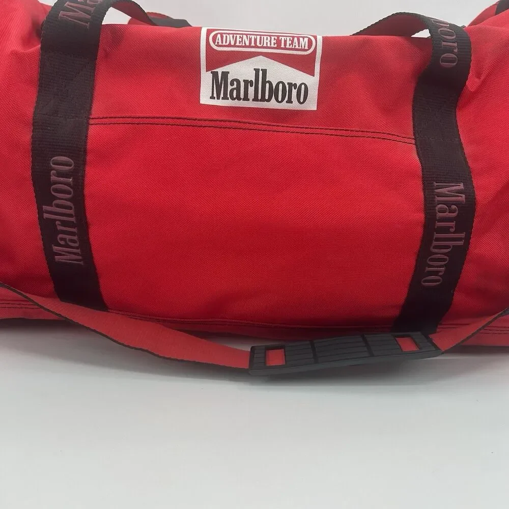 Marlboro Adventure Team Red Black Yellow Duffle Bag Pockets Adjustable Strap VTG